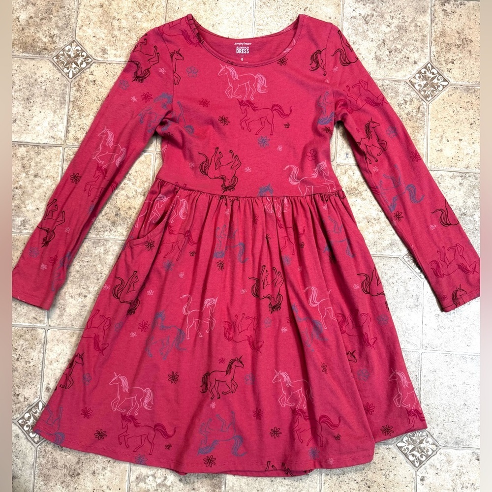 Girls Jumping Beans Pink Unicorn Long-Sleeved Dress w/ Pockets Sz 8